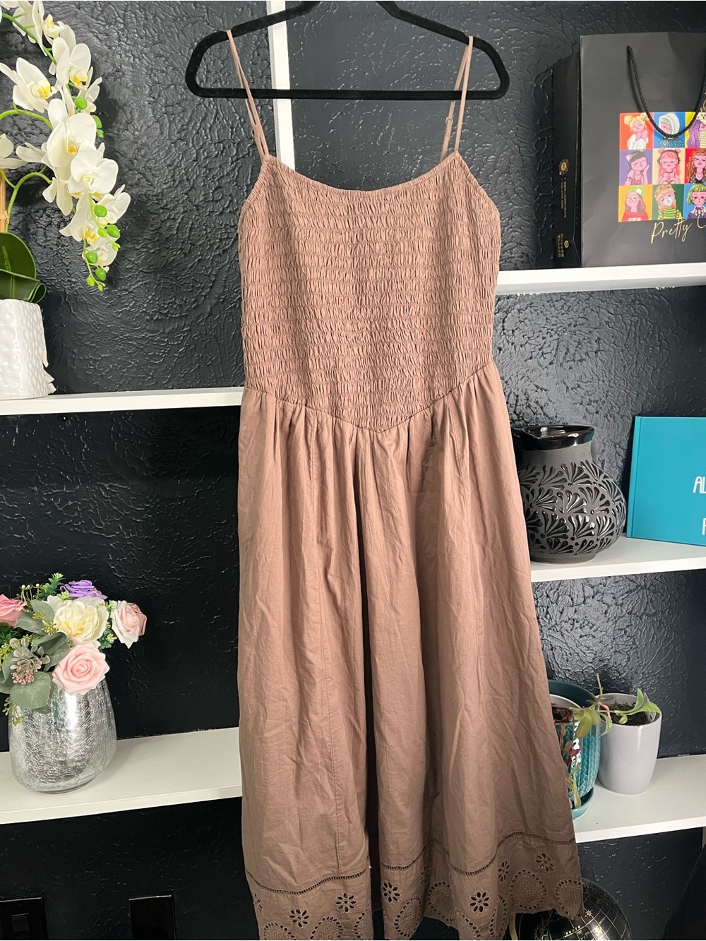 American Eagle Outfitters Mauve Midi Dress with Eyelet Hem